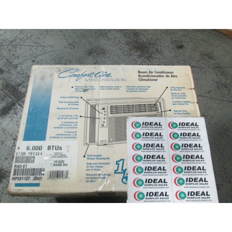 AIR CONDITIONER, COMFORT-AIR MODEL RAD-61, 115 VOLT, 6,000 BTU, WINDOW MOUNT, FOR A 10′ X 20′ ROOM APPROX.