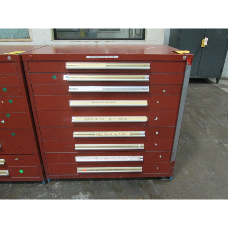 CABINET, STANLEY VIDMAR, 9 DRAWER WITH MULTI-LOCK UNIT, 45” LENGTH , 27 3/4” WIDTH X 44 1/2” HEIGHT. COLOR : BURNT RED