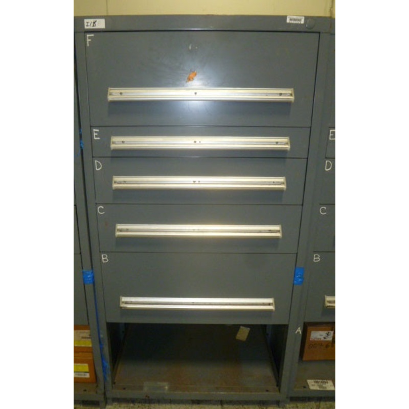 CABINET, STANLEY VIDMAR, 5 DRAWER WITH BOTTOM SHELF – 30”WIDE x 28” DEEP x 59” TALL – GRAY DRAWER DEPTHS (INSIDE) FROM TOP DRAWER TO BOTTOM – 10.25, 3.00,  5.50, 6.50, 11.25, OPEN AREA 13.50