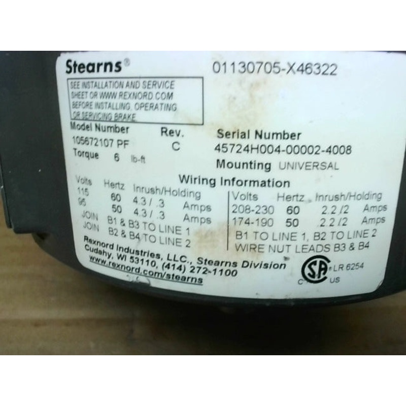 Stearns 1-056-721-07PF Magnetic Brake 56C/140TC Frame 115/208/2