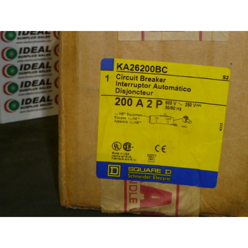SQUARE D  KA26200BC – BREAKER, 200A, 2 POLE, 600/250V, 50/60HZ, FACTORY SEALED PACKAGE