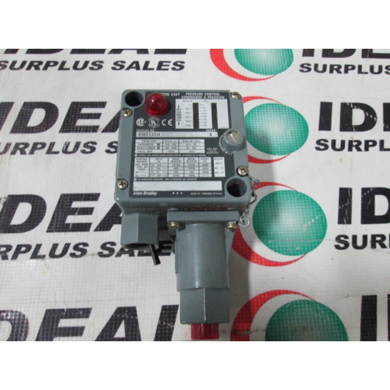 SWITCH, ALLEN BRADLEY 836T-T353J, T – STYLE PRESSURE CONTROL. 700…5000 PSI. ENCLOSURE TYPE 1, 4 AND 13 INDUSTRIAL USE.. S.P.D.T. , 2 – CIRCUIT CONTACT BLOCK.