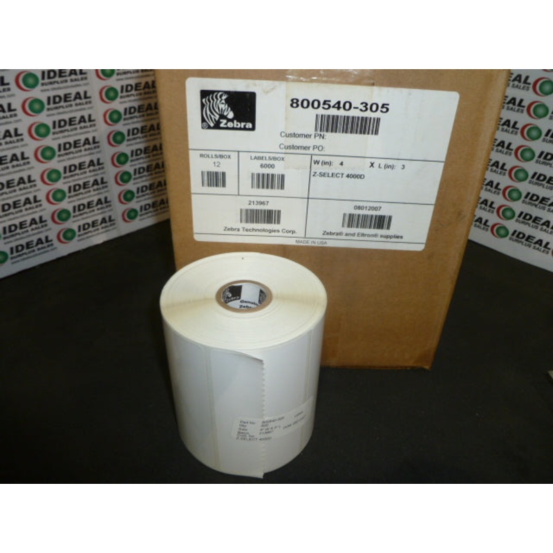 ZEBRA  800540-305 – LABEL, WHITE, ADHESIVE BACK, 4W X 3L, 12 ROLLS PER CASE, 6000 LABELS PER CASE 3 AVAILABLE
