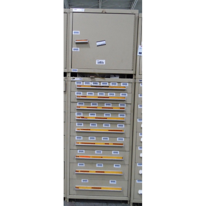 CABINET, STANLEY VIDMAR, 9 DRAWER, CREAM, TOP CABINET ATTACHED WITH SHELF, 30”x 28”x89”