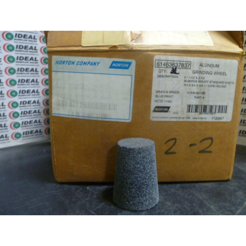 ALUNDUM GRINDING WHEEL, NORTON – 61463637837, 2/ 1-1/2 X 2 1/2, BUSHING MOUNT STANDARD E58772, 3/4 X 3/4 X 5/8 NORH ROUND, 57A36-M5VBE