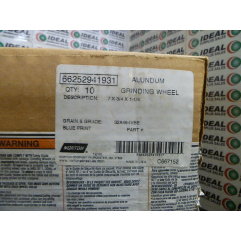 ALUNDUM GRINDING WHEEL, NORTON – 66252941931, 32A46-IVBE, 7 X 3/4 X 1-1/4, 46 GRIT
