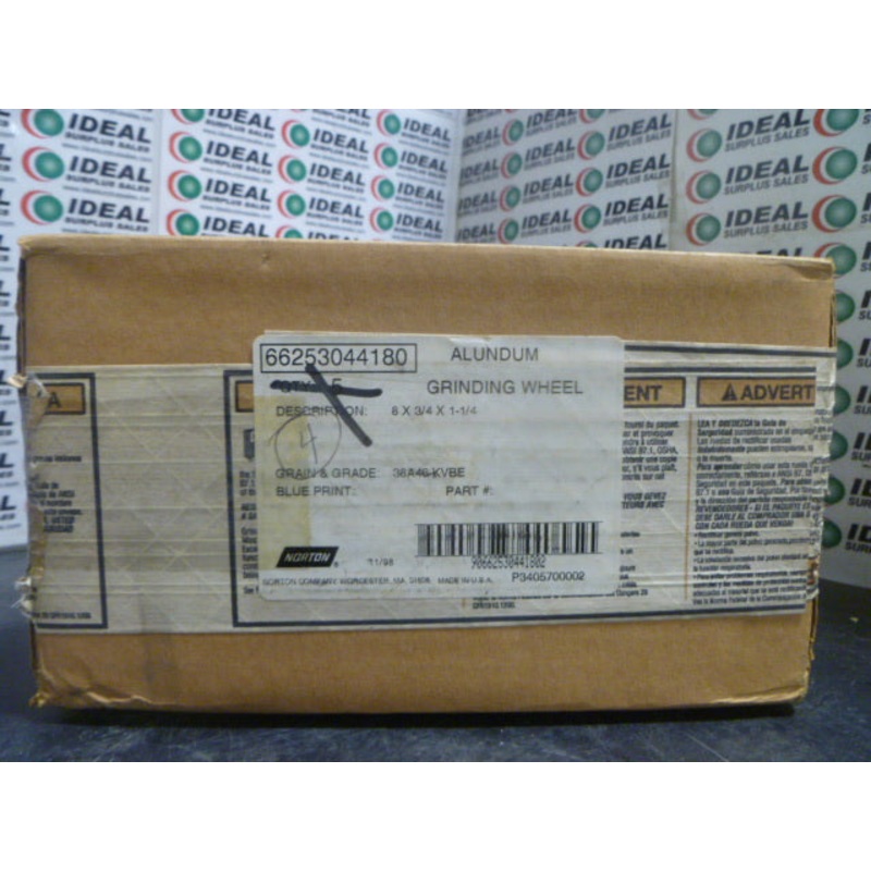 ALUNDUM GRINDING WHEEL, NORTON – 66253044180, 8 X 3/4 X 1-1/4, GRAIN & GRADE 38A46-KVBE, (BOX OF 4)