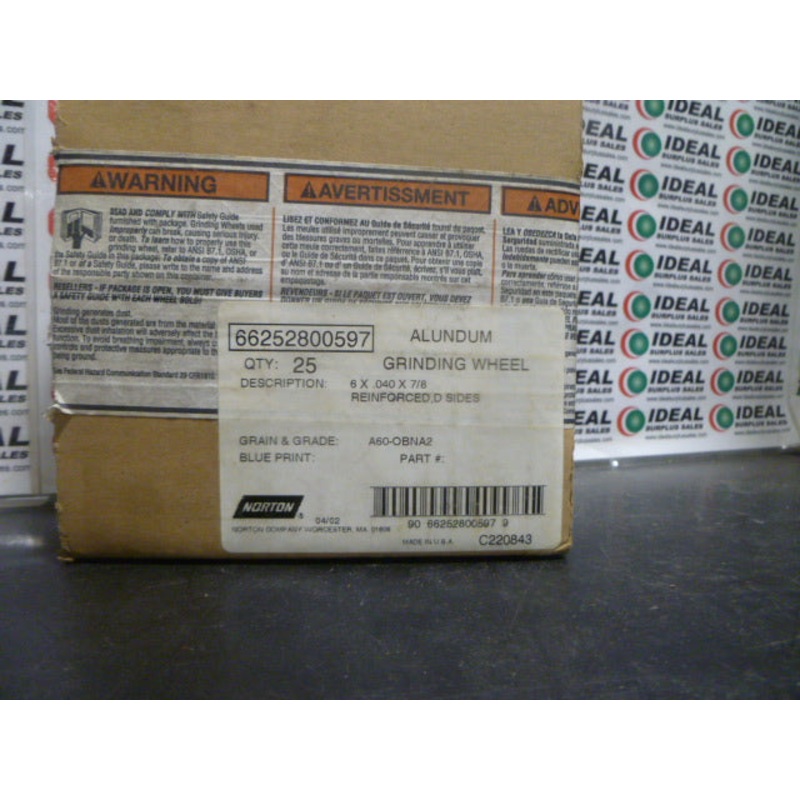 ALUNDUM GRINDING WHEEL, NORTON – A60-OBNA2, 6 X .040 X 7/8, 66252800597 (BOX OF 25)