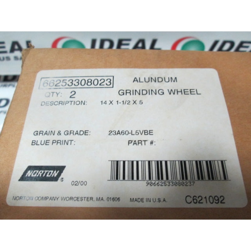 WHEEL, NORTON 23A60-L5VBE, 14 X 1-1/2 X 5 ALUNDUM GRINDING WHEEL