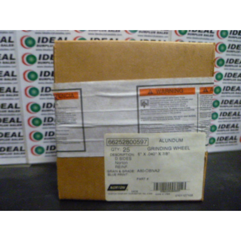 ALUNDUM GRINDING WHEEL, NORTON – 66252800597, 6X .040X7/8, GRAIN&GRADE A60-OBNA2 (BOX OF 25)