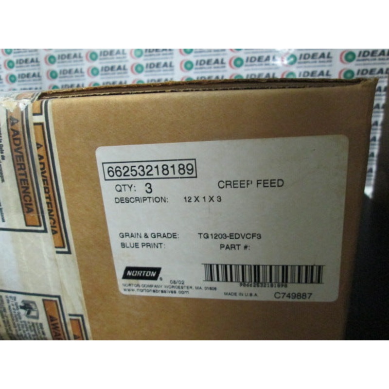 WHEEL, NORTON 66253218189, 12 X 1 X 3, TG1203-EDVCF3 CREEP FEED GRINDING WHEEL