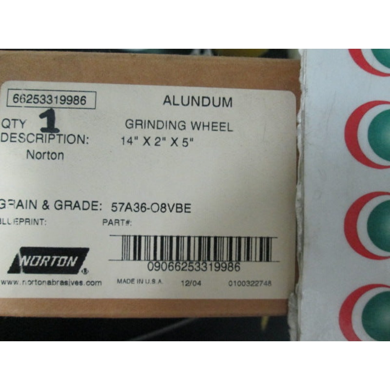 WHEEL, NORTON 19986, 14 X 2 X 5,  57A36-O8VBE, ALUNDUM GRINDING WHEEL