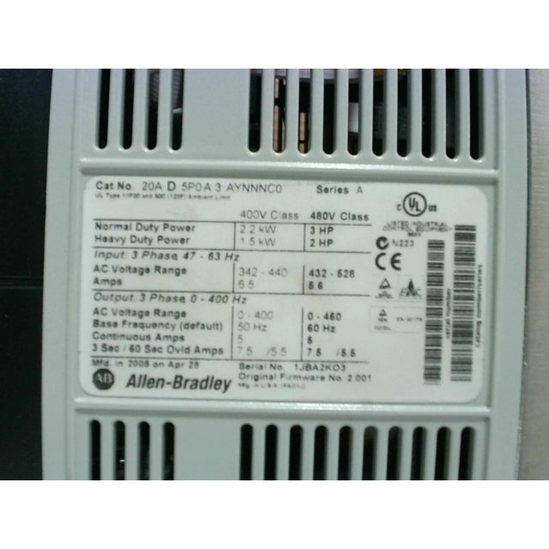 Allen Bradley 20A D 5P0A AYNNNC0 /A PowerFlex70 AC Drive 480 3PH 47-63Hz (Missing Pop-out Control Panel)