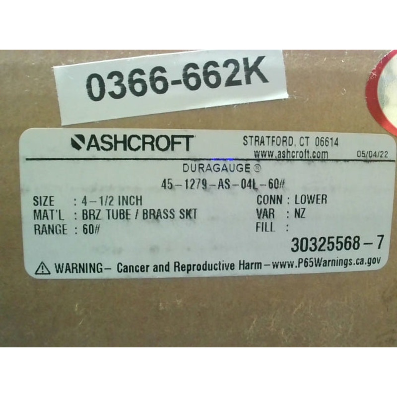 Ashcroft 45-1279-AS-04L-60 Duragauge 4-1/2 Silicone Free 0-60psi 1/2 Npt