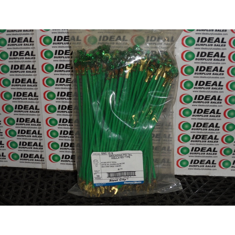 TERMINAL, THOMAS & BETTS – GSC12S, GROUNDING PIG TAIL INSULATED TYPE #12 AWG STR 8 PIGTAIL CAPTIVE #10-32 SCREW ON ONE END TERMINAL