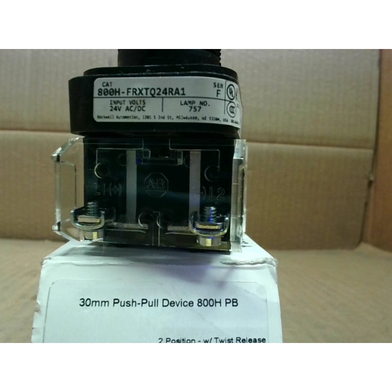 Allen Bradley 800H-FRXTQ24RA1 30mm Push-Pull Device 2 Position w/ Twist Release Illuminated Red Full Voltage Type Incandescent Lamp 24V AC/DC 1-NCLB 1-NO Standard Contacts Ser. F