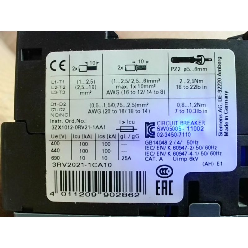 Siemens Sirius 3RV2021-1CA10 Circuit Breaker Motor Protector