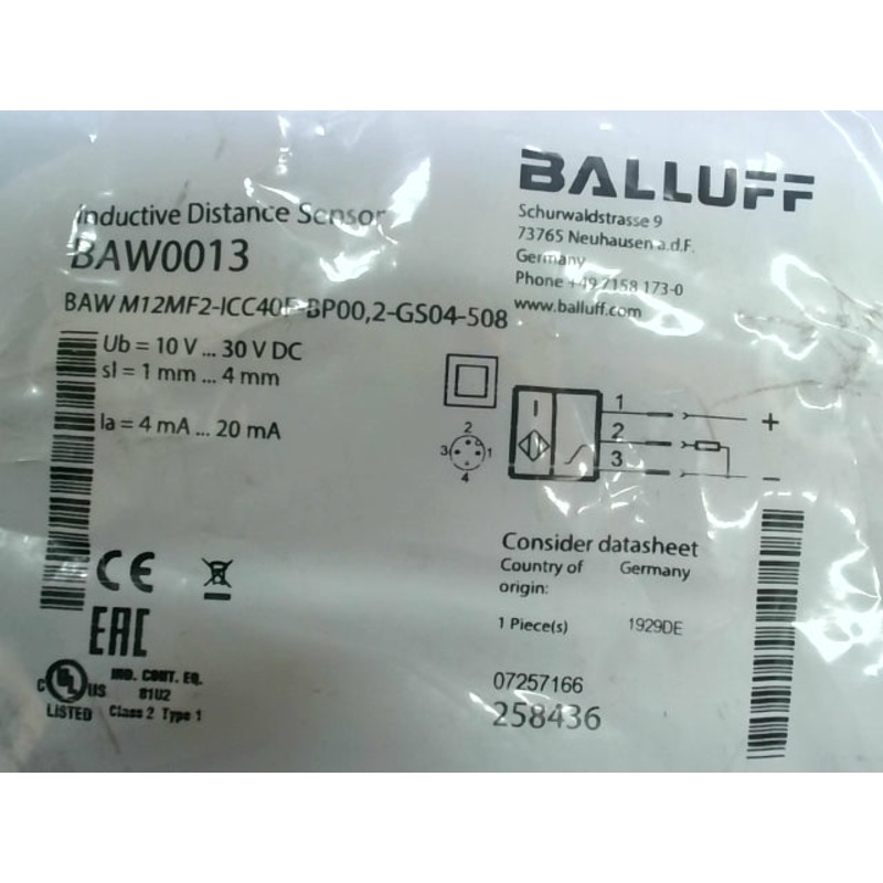 Balluff BAW0013 Distance Sensor M12MF2-ICC40F-BP00 2-GS04-508