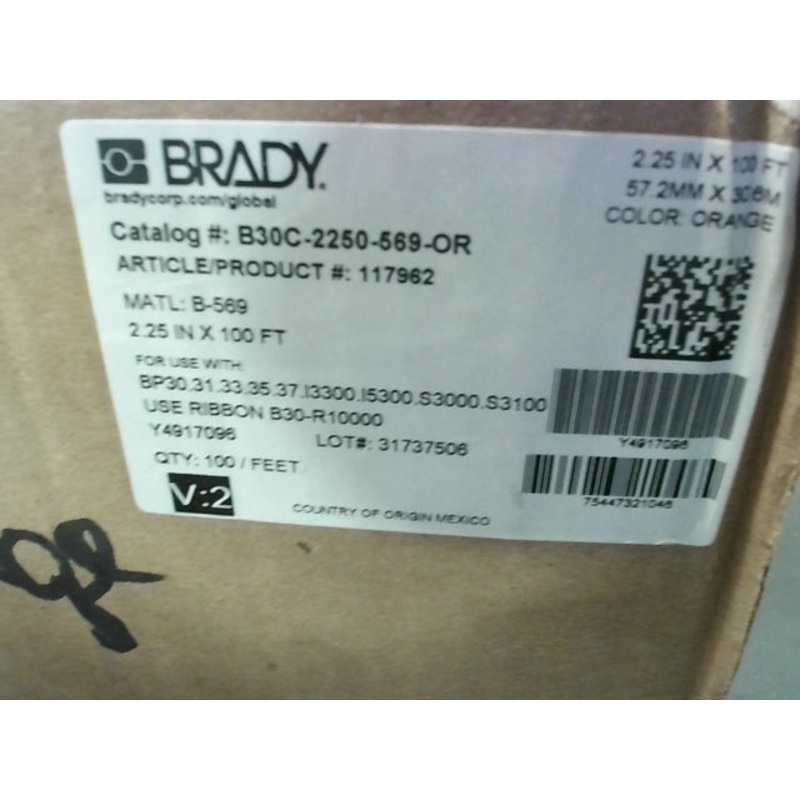 Brady B30C-2250-569-OR Low-Halide Pipe Tape 2.25X100ft 142032 57.2mmx30.6mm Orange 117962