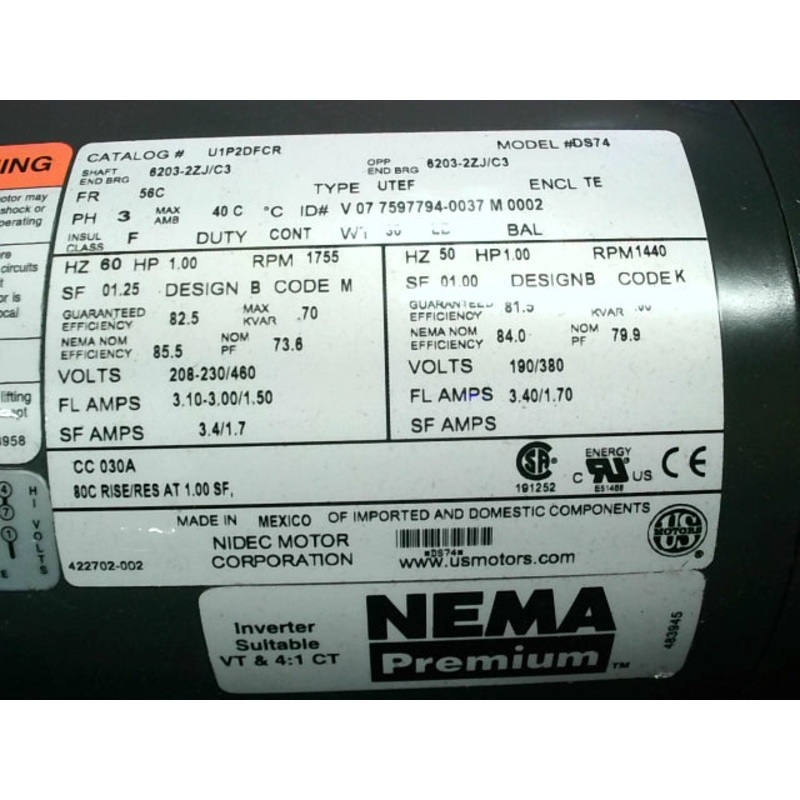 US Motors 1HP AC Motor 56C Frame 1755RPM 230/460VAC 3PH TEFC U1P2DFCR