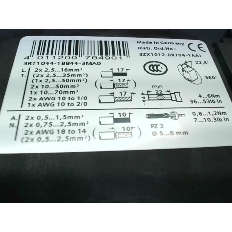 Siemens 3RT1044-1BB44-3MA0 Contactor 65A 3P 400VAC 24V 30Kw 2NO+2NC Screw Terminal