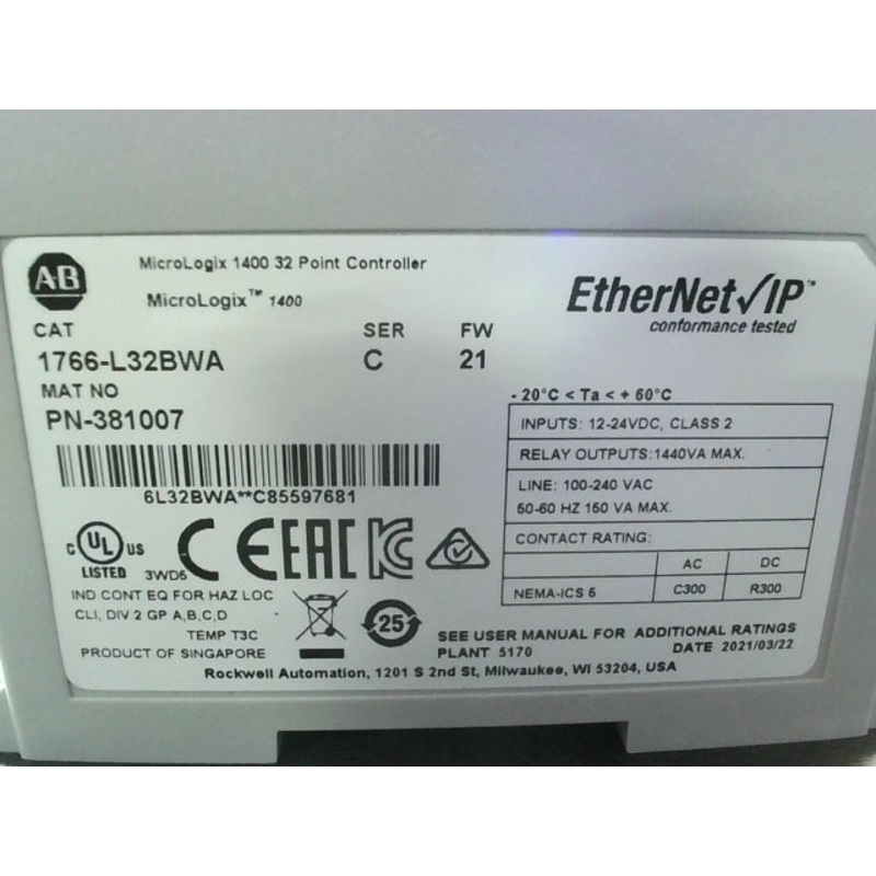 Allen Bradley 1766-L32BWA MicroLogix 1400 32-Point Controller FW 21 Ser C