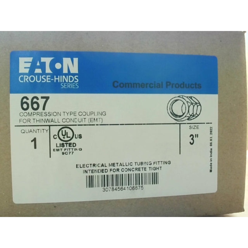 Crouse Hinds 667 3 (4 PCS) EMT Compression Coupling for Thinwall Conduit