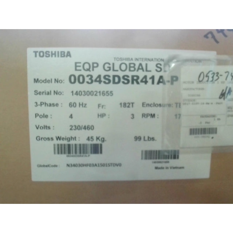Toshiba 0034SDSR41A-P 2 AC Motor 3 HP 182T FRAME 2 Speed 1440/1760RPM 230-460V