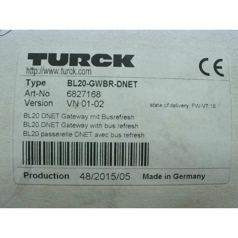 Turck BL20-GWBR-DNET Gateway Interface Module Version VN 01-02