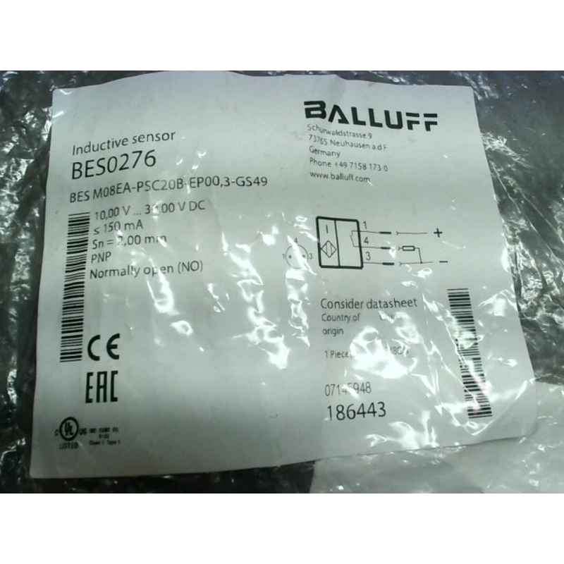 Balluff BES0276 ProXimity Sensor Cable w/ Connector (NO) PNP Sn2.00mm Flush M08X1 BES M08EA-PSC20B-EP00, 3-GS49