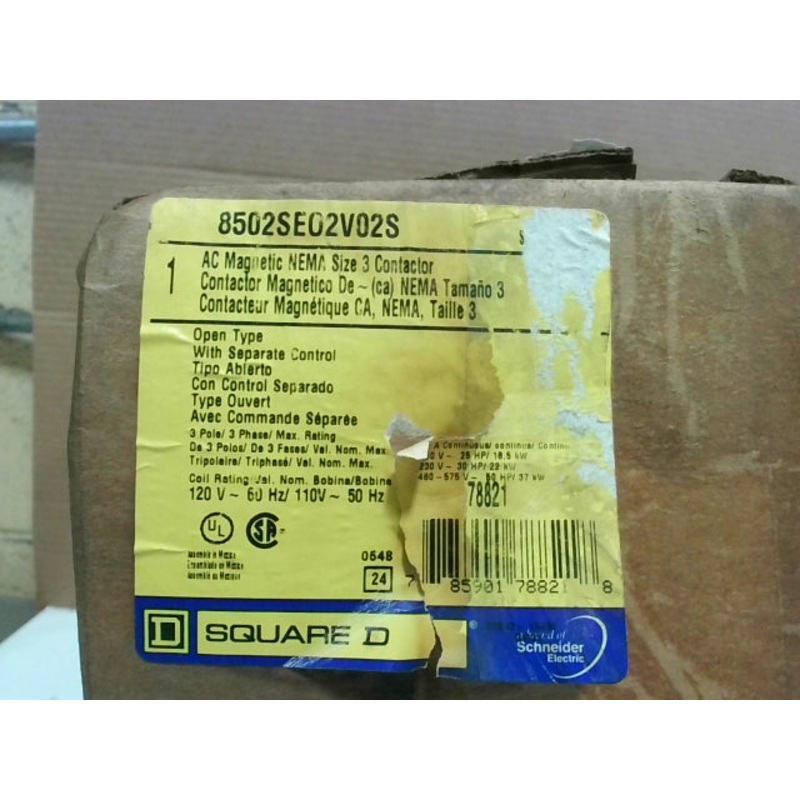 Square D 8502SEO2V02S AC Magnetic NEMA Size 3 Contactor 3-Pole 3P 120V 90A
