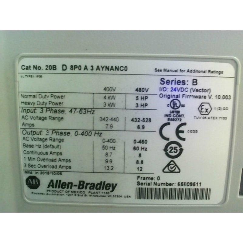 Allen Bradley 20BD8P0A3AYNANC0 PowerFlex 700 5HP/3HP AC Drive 480VAC Ser.B