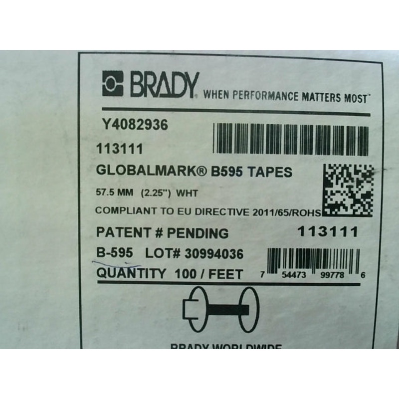 Brady Y4082936 Cartridge Tape Globemark White B595 2.25 x 100FT 113111