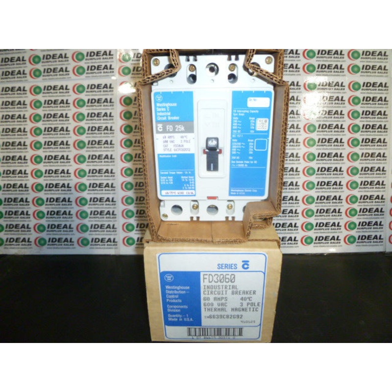 BREAKER, WESTINGHOUSE FD3060, 60A, 600VAC, 3 POLE, THERMAL MAGNETIC, INDUSTRIAL CIRCUIT BREAKER