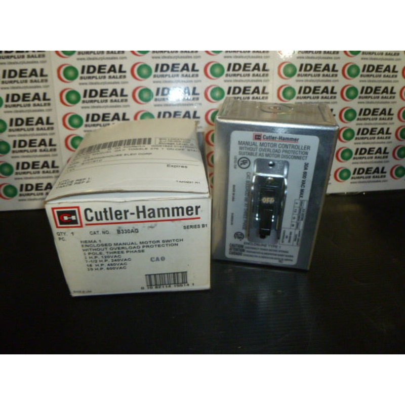 SWITCH, CUTLER HAMMER B330AG, 30A, 600V, 3 POLE, NEMA 1, MANUAL MOTORSWITCH