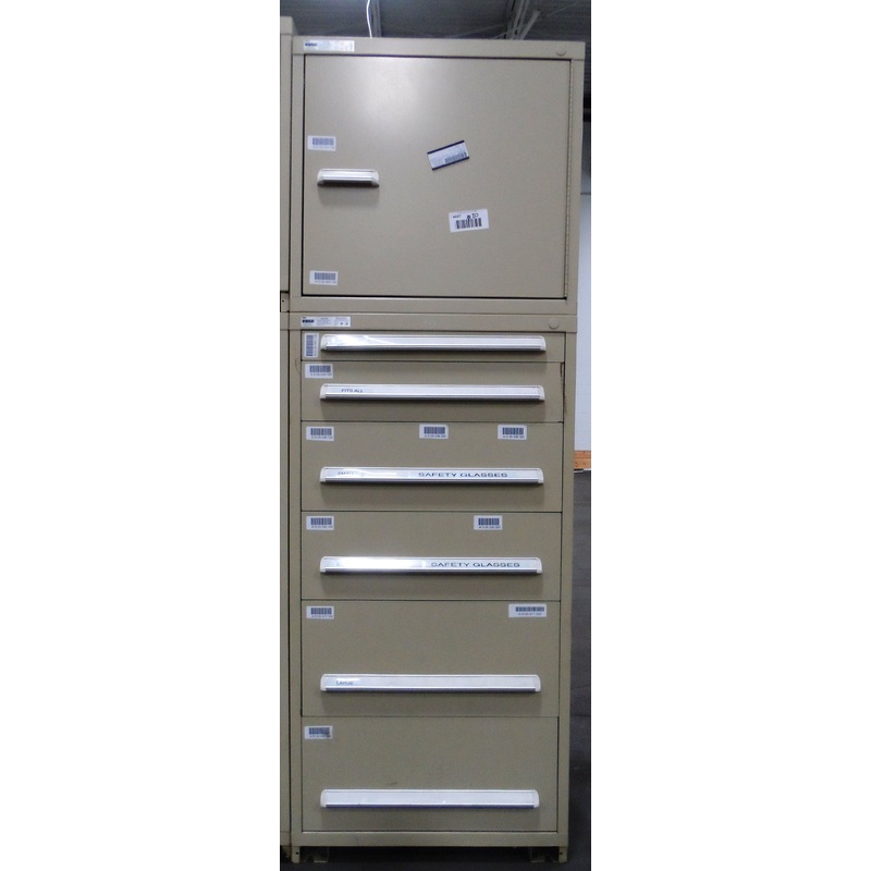CABINET, STANLEY VIDMAR, 6 DRAWER, CREAM, TOP CABINET ATTACHED WITH SHELF, 30”x 28”x87”