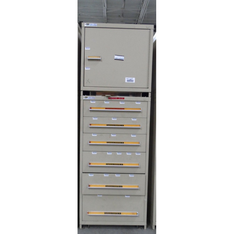 CABINET, STANLEY VIDMAR, 6 DRAWER, CREAM, TOP CABINET ATTACHED WITH SHELF, 30”x 28”x89”