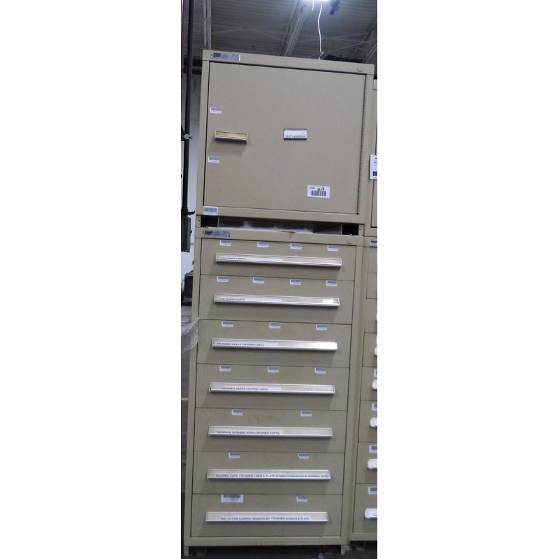 CABINET, STANLEY VIDMAR, 7 DRAWER, CREAM, TOP CABINET ATTACHED WITH SHELF, 30”x 28”x89”