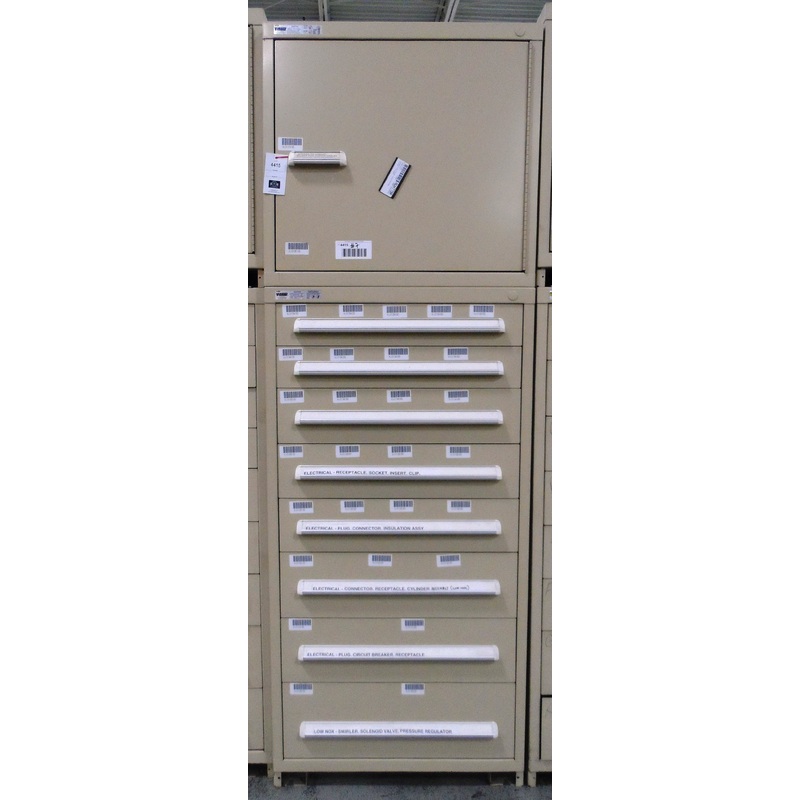 CABINET, STANLEY VIDMAR, 8 DRAWER, CREAM, TOP CABINET ATTACHED WITH SHELF, 30”x 28”x87”