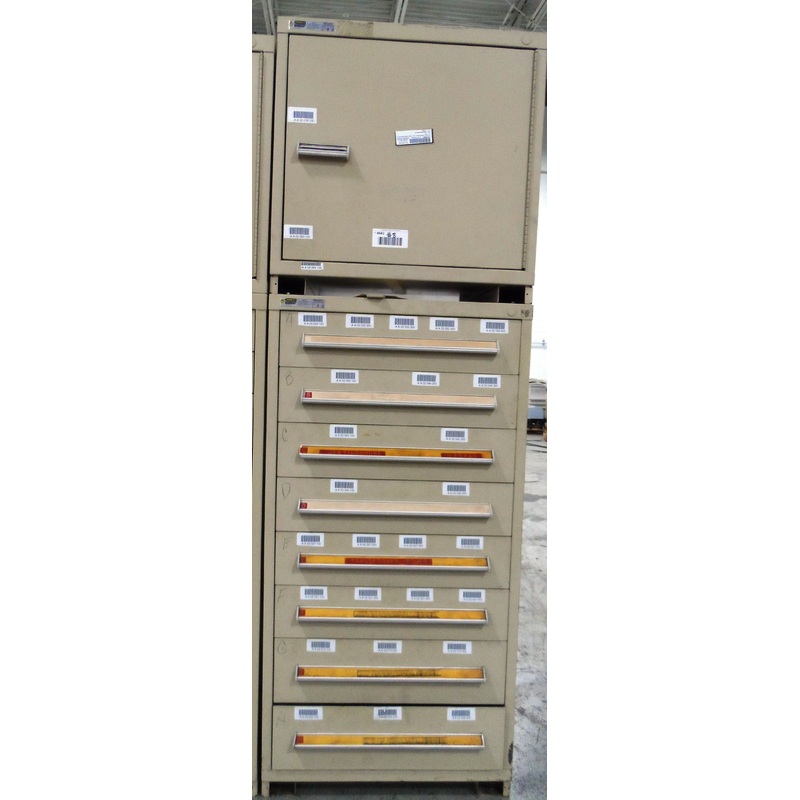 CABINET, STANLEY VIDMAR, 8 DRAWER, CREAM, TOP CABINET ATTACHED WITH SHELF, 30”x 28”x89”