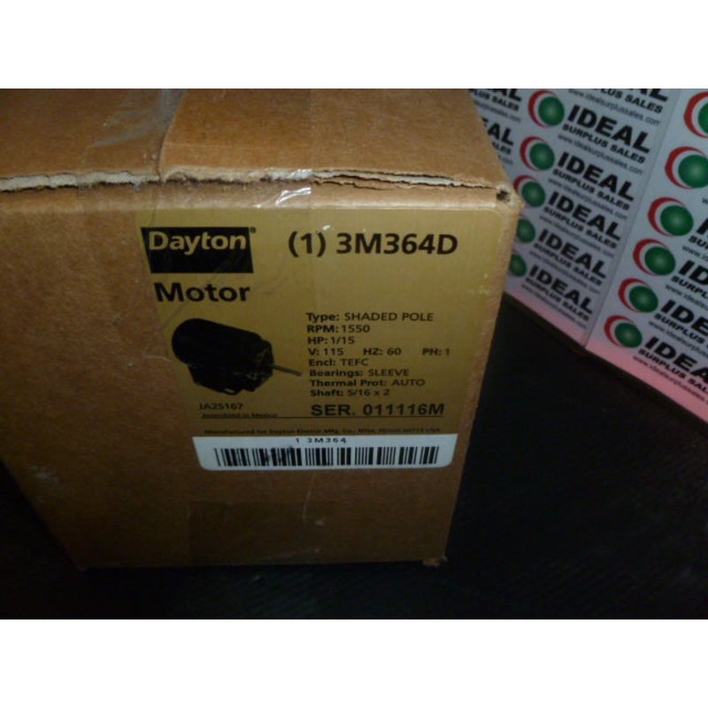 SHADED POLE MOTOR – DAYTON – 3M364D, 1550 RPM, 1/15HP, 115V, 60HZ, 1 PH