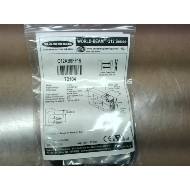 Banner Q12AB6FF15 Fixed Field 15mm 10-30VDC Photoelectric Sensor