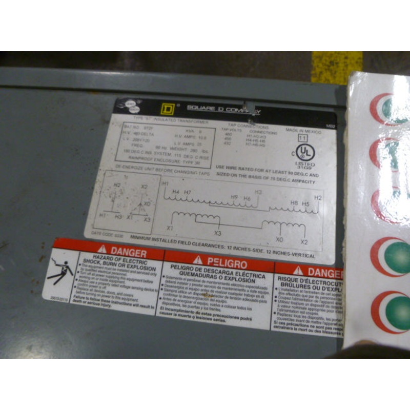SQUARE D 9T2F 9KVA Three Phase Transformer 480V-208/120V 9 KVA 3PH NEMA 3R