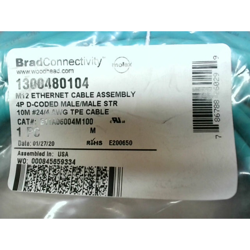 Brad Connectivity 1300480104 Ethernet Cable Assembly 4P D-Coded Male/Male STR 10M TPE Cable