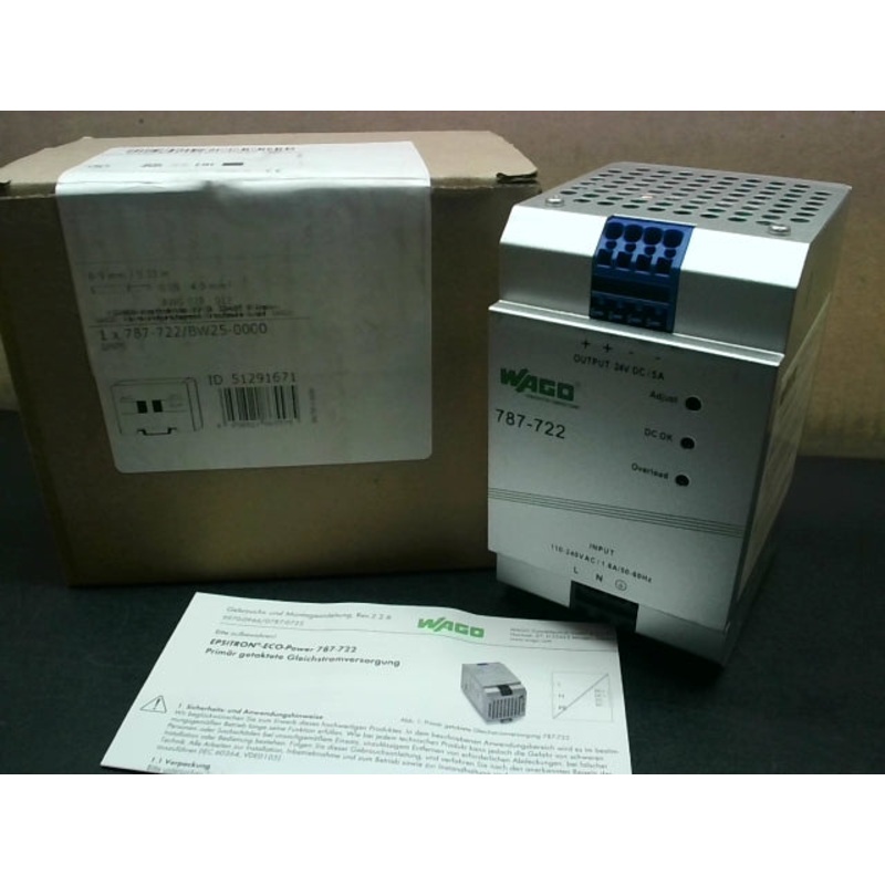 Wago Epistron 787-722 ECO Power Switched-Mode Power Supply 5A 24VDC 100-240VAC 1.6A 50/60Hz Single Phase