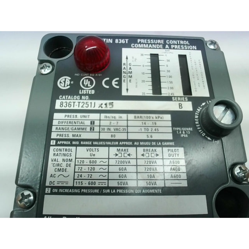 Allen-Bradley 836T-T251JX15 Pressure Control Switch 120-600VAC 80 PSI Ser.B
