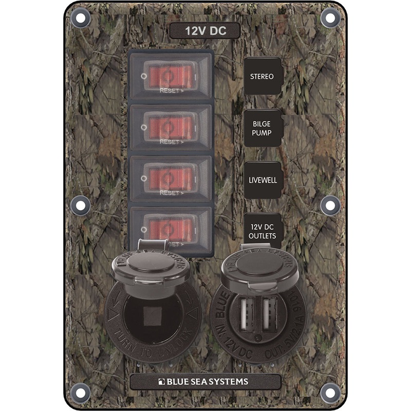 Blue Sea 4324 Circuit Breaker Switch Panel 4 Postion – Camo with 12V Socket & Dual USB – 4324