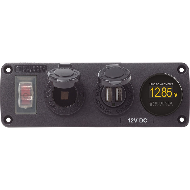 Blue Sea 4366 Water Resistant USB Accessory Panel – Circuit Breaker, 12V Socket, Dual USB Charger, Mini Voltmeter – 4366