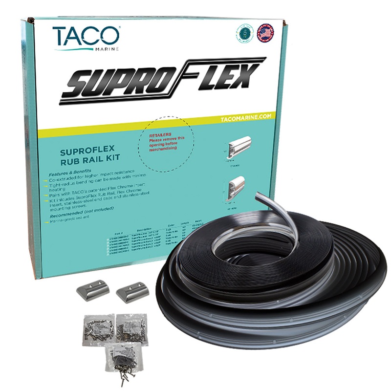 TACO SuproFlex Rub Rail Kit – Black w/Flex Chrome Insert – 1.6H x .78W x 60’L – V11-9960BBK60-2