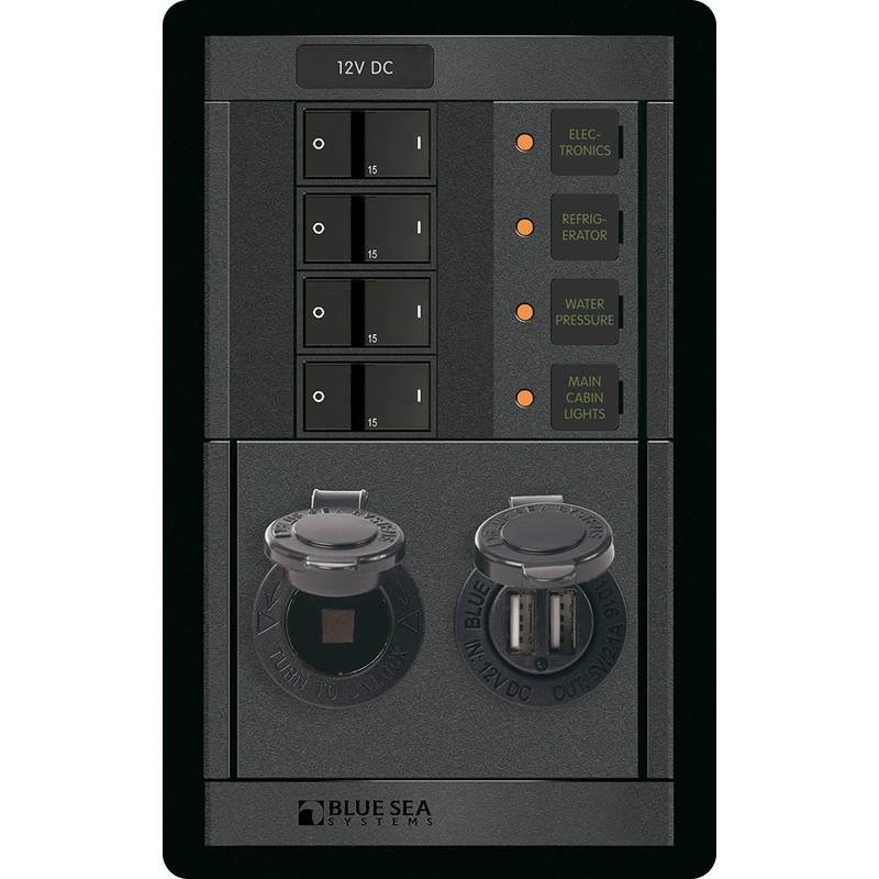 Blue Sea 1495 – 360 Panel – 4 Position 12V with Dual USB & 12V Socket – 1495